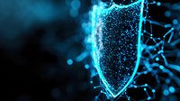 Glowing blue shield made of connected dots and lines against dark background represents digital security and cyber protection concept for technology designs.