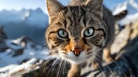 Tabby cat with intense blue eyes against snowy mountain backdrop, showcasing feline curiosity in winter wilderness environment.