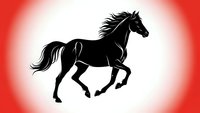 Black horse silhouette galloping with flowing mane on red gradient background. Equestrian sport symbol for logos, emblems and graphic design projects.
