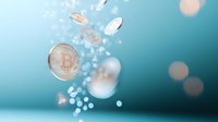 Shiny cryptocurrency coins falling with sparkles and bokeh effects on turquoise background, creating dynamic financial concept for digital currency market.