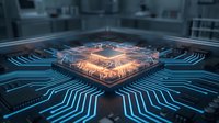 Futuristic computer processor chip with glowing orange circuits on blue circuit board background for technology and artificial intelligence concepts.