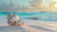 Seashell on sandy tropical beach at sunset with turquoise ocean waves and golden sky. Peaceful summer vacation concept with marine life elements.