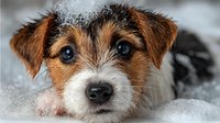Adorable wet puppy with soap bubbles during bath time. Small mixed breed dog with brown and white fur getting cleaned. Pet grooming and hygiene concept.