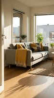 Bright modern living room with gray upholstered sofa, mustard and neutral pillows, wooden flooring, large windows with city views, potted plants, and natural sunlight for home decor and interior design projects.