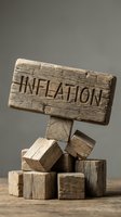 Wooden sign reading inflation balanced on stacked wooden blocks against neutral background, symbolizing economic instability and rising costs for business and finance concepts.