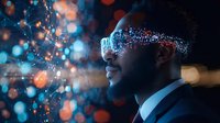 Young African American businessman wearing digital glowing glasses with particles effect against blurred bokeh background, futuristic technology concept.