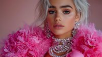 Young woman with platinum blonde hair wearing luxurious crystal necklace and pink feather boa, glamorous makeup and pearl earrings against pink background for fashion editorial.