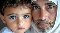 Close up portrait of middle eastern father and young son with striking blue eyes, wearing traditional white headscarf, showing family bond and cultural heritage.