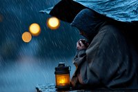 Hooded figure in dark cloak sitting alone on rainy night with glowing vintage lantern, atmospheric moody scene with bokeh lights in stormy background.