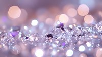 Sparkling crystal fragments with soft purple and white bokeh lights creating dreamy, luxurious atmosphere for jewelry or cosmetic advertising.