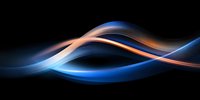 Glowing orange and blue light waves flow smoothly across dark background creating dynamic abstract curves and graceful motion effect for modern design projects.
