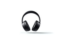 Black wireless headphones floating on white background with soft shadow, isolated product photography for audio equipment advertising and tech marketing.