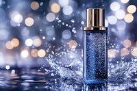 Luxury blue perfume bottle with rose gold cap surrounded by water splashes and sparkling bokeh lights on reflective surface for cosmetic advertising.