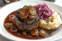 Grilled beef tenderloin steak topped with caramelized onions, served with mashed potatoes, red cabbage slaw, and rich brown sauce on white plate.