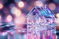Crystal glass house model on reflective surface with pink and blue bokeh lights creating magical atmosphere. Suitable for real estate and home concepts.