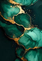 Luxurious emerald green and gold marble abstract background with flowing liquid texture and metallic veins for elegant interior design and packaging.