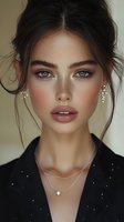 Young woman with freckles, blue eyes and updo hairstyle wearing pearl earrings and delicate necklace against neutral background. Perfect for beauty and fashion advertising.