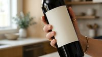 Male hand holding wine bottle with blank label in kitchen setting, suitable for branding, product mockup, and beverage marketing campaigns.