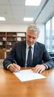 Senior male executive in dark business suit and tie signing documents at wooden desk in modern office with bookshelves and natural light from windows.