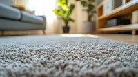 Close-up view of soft beige carpet texture in modern living room interior with blurred furniture and natural lighting, showing detailed carpet fibers.