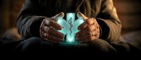 Hands holding glowing medical cross symbol, representing healthcare, emergency services, wellness support, and medical assistance concepts for hospital and clinic applications.
