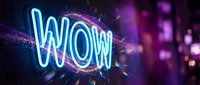 Bright neon WOW sign glowing in electric blue with colorful bokeh lights and sparkles creating vibrant nightlife atmosphere for advertising and entertainment.