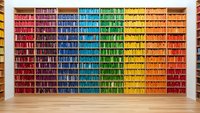 Colorful rainbow bookshelf wall with books organized by color spectrum from red to yellow, modern library interior design for educational spaces.