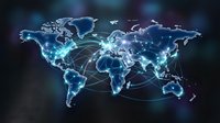 Digital world map with glowing blue network connections and data flow lines representing global communication technology and internet connectivity.