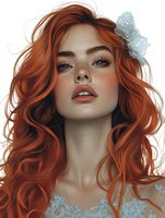 Young woman with flowing red hair, freckles, and natural makeup wearing delicate lace details. Ethereal fantasy portrait with soft lighting and dreamy atmosphere.