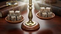 Brass justice scales balancing wooden cubes with shopping cart and dollar symbols on mahogany desk representing consumer rights and commercial law.
