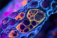 Microscopic view of cellular structure with vibrant purple, blue, and orange fluorescent staining showing detailed membrane compartments for medical research.