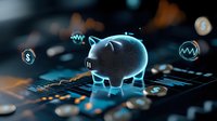 Glowing neon piggy bank on digital finance background with floating cryptocurrency symbols and market data charts, representing digital banking and fintech concept.