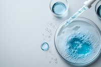 Laboratory glassware with blue liquid chemical solution and powder substance on white background, scientific research concept for chemistry experiments.