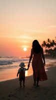 Mother and child walking hand in hand on tropical beach at sunset with golden sky and palm trees creating peaceful family vacation moment.