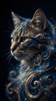 Mystical tabby cat portrait with ornate golden swirls and cosmic blue sparkles on dark background for fantasy art projects.