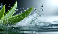 Fresh aloe vera leaves with dynamic water splash and droplets against gray background, capturing natural wellness and skincare essence in macro photography.