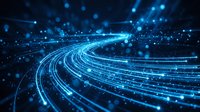 Digital data stream flowing through cyberspace with glowing blue light trails and particles, representing technology, connectivity, and high-speed information transfer for digital backgrounds.