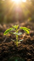 Young green seedling emerging from rich dark soil with warm golden sunlight and bokeh background representing new life, growth and environmental hope.