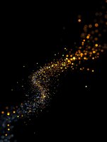 Glowing golden and blue particles flow in curved motion against black background, creating magical light trail effect for festive designs and celebrations.