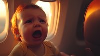 Toddler with reddish-blonde hair sitting by airplane window during golden hour, expressing wonder and excitement. Warm sunlight illuminates cabin interior, capturing travel and childhood moments.