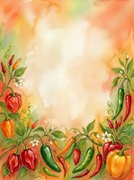 Watercolor illustration of fresh red and green chili peppers, bell peppers, and leafy vegetables arranged on warm orange and yellow gradient background with white space for text or design use.