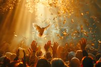Magical moment with white dove flying in golden sunbeams above raised hands of crowd, surrounded by falling autumn leaves, creating inspirational atmosphere of hope and freedom.