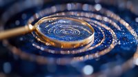 Rippling water surface viewed through magnifying glass creating concentric circles with golden rim and bokeh effect on dark blue background.