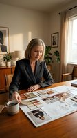 Middle-aged woman, Caucasian, interior designer or architect reviewing design samples and sketches at wooden desk in bright, minimalist home office with plants and natural light.