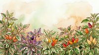 Watercolor botanical illustration of vibrant flowering plants with green foliage against soft, blended background. Isolated design element suitable for wallpapers, textiles, and decorative projects.