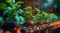 Young green plant sprouts emerging from soil against blurred orange bokeh lights background, creating magical garden atmosphere with shallow depth of field.