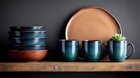 Modern ceramic tableware set in teal blue and terracotta colors with succulent plant on wooden shelf against dark background, minimalist kitchen decor.