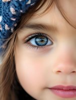 Close-up portrait showing bright blue eye, rosy cheeks, and gentle smile of young girl wearing knitted winter hat. Natural lighting enhances facial features.