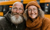 Happy senior couple with glasses smiling warmly in cozy autumn sweaters and knit accessories, expressing joy and togetherness in golden hour lighting.