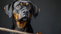 Close up portrait of attentive Rottweiler dog with expressive eyes and distinctive black and tan markings against dark background, dramatic studio lighting highlights facial features.